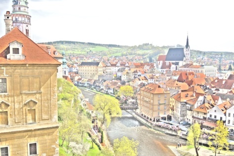 "Painted" view of Cesky Krumlov from the castle hilltop.